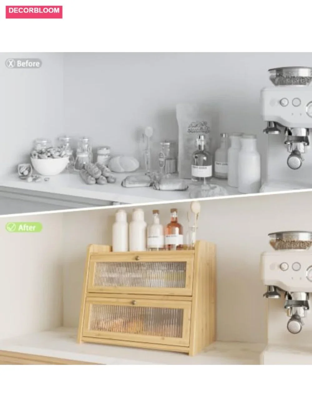 Double Layer Bamboo Bread Box with Window for Countertop